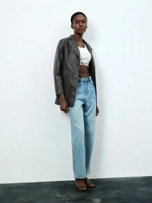 SHEIN BIZwear Da giả Denim mùa giặt Và Đau khổ Tay áo dài Áo vest - Xám - Xem 4