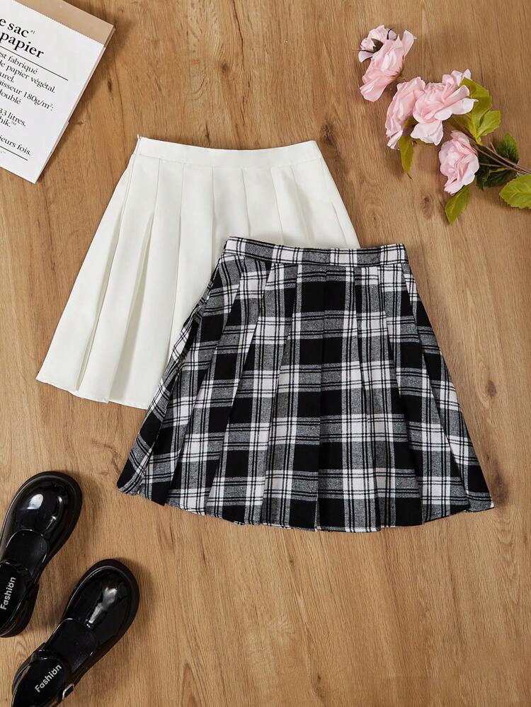 Teen Girls' Woven Loose Casual Plaid Skirt + Woven Solid Color Skirt Two Piece Set