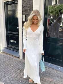 Solid V Neck Flounce Sleeve Dress - White - View 4