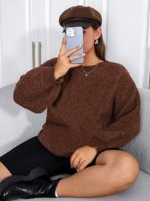 SHEIN EZwear Plus Size Women'S Lantern Sleeve Round Neck Sweater