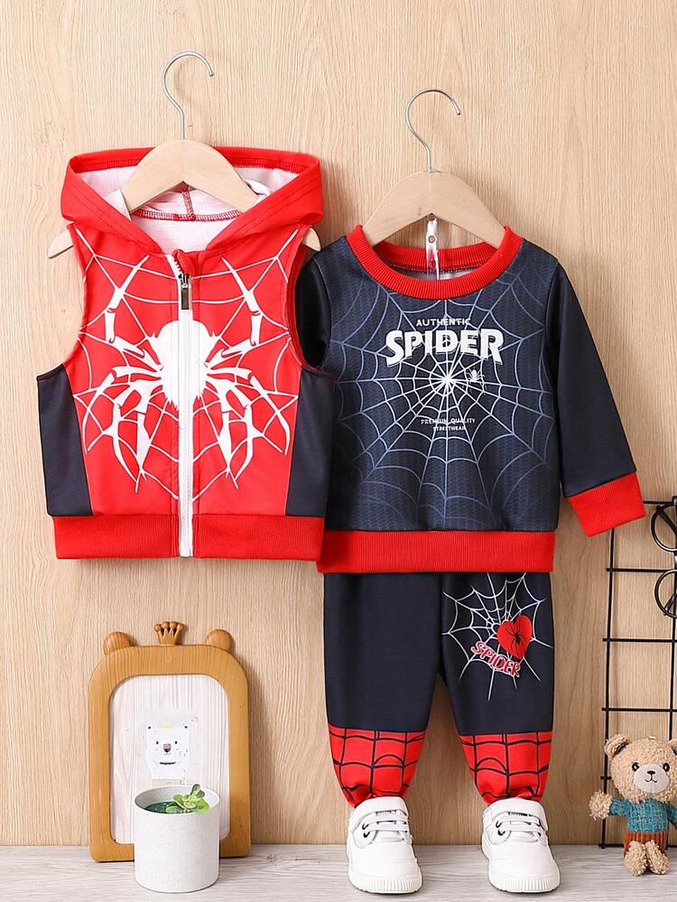 Baby Boys' Fashionable Casual Hooded Jacket, Pants And Sweatshirt Art Printed 3-Piece Outfit