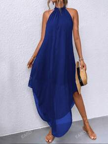 EARO Women Summer Vacation Casual Solid Color Halter Dress