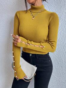 SHEIN Privé 珍珠水鑽綴飾鏤空袖純色高領毛衣 - 黃色 - 查看 4
