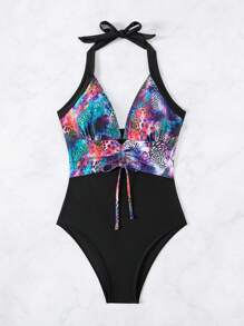 SHEIN Swim 女士拼接印花抽绳褶皱吊带连体泳衣嘉年华夏季 - 彩色 - 查看 6