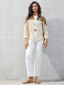 BizChic Của phụ nữ Khối màu Thả vai Áo sơ mi - Màu Khaki - Xem 6
