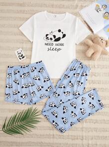 Teenage Girls' Cartoon Panda Printed 3pcs Home Wear Set - Blue and White - View 1