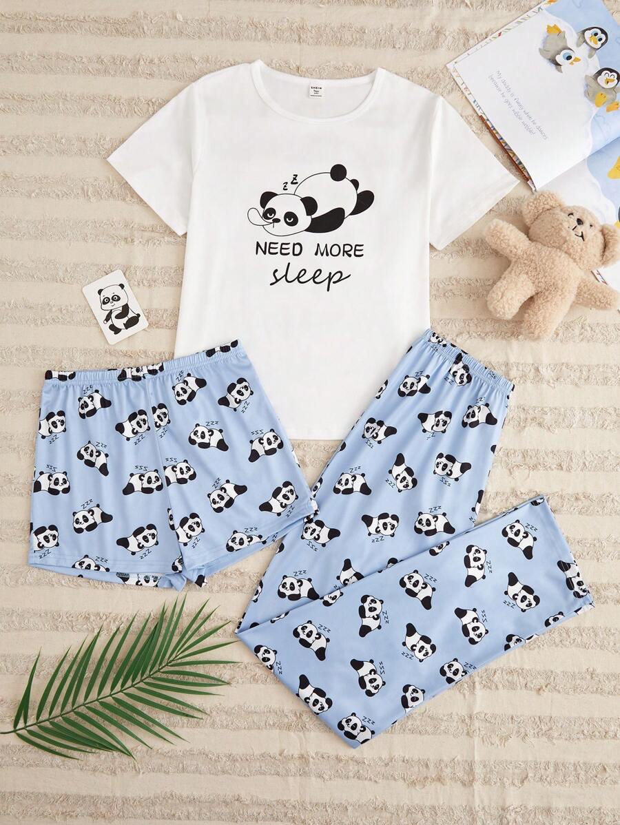 Teenage Girls' Cartoon Panda Printed 3pcs Home Wear Set - Blue and White - View 1