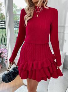 Chiquease Vestido Suéter Com Babados Em Várias Camadas Com Gola Alta E Cor Sólida - Vermelho - Ver 1