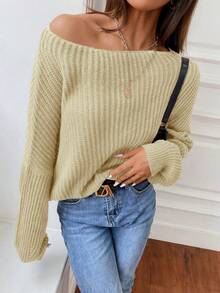 SHEIN Essnce 女性純色蝙蝠袖寬鬆毛衣 - 杏色 - 查看 5