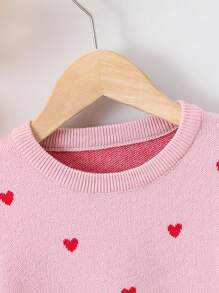 SHEIN Young Girl Heart Pattern Round Neck Sweater - White - View 5