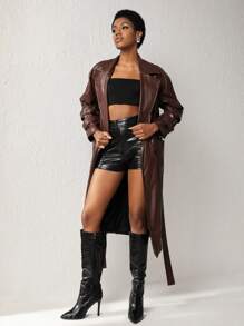 MAY‘G Pu Leather Coat With Pockets, Color-Blocking Lining, Detachable Belt - Purple - View 3