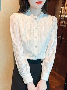 Women's White Single Breasted Button Shirt - Apricot - View 3