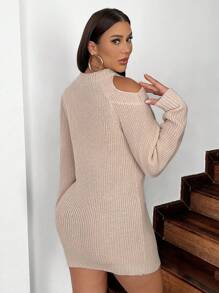 Zolique Women's Solid Color Cut Out Shoulder Knit Pullover Fall Winter Sweater - Apricot - View 2
