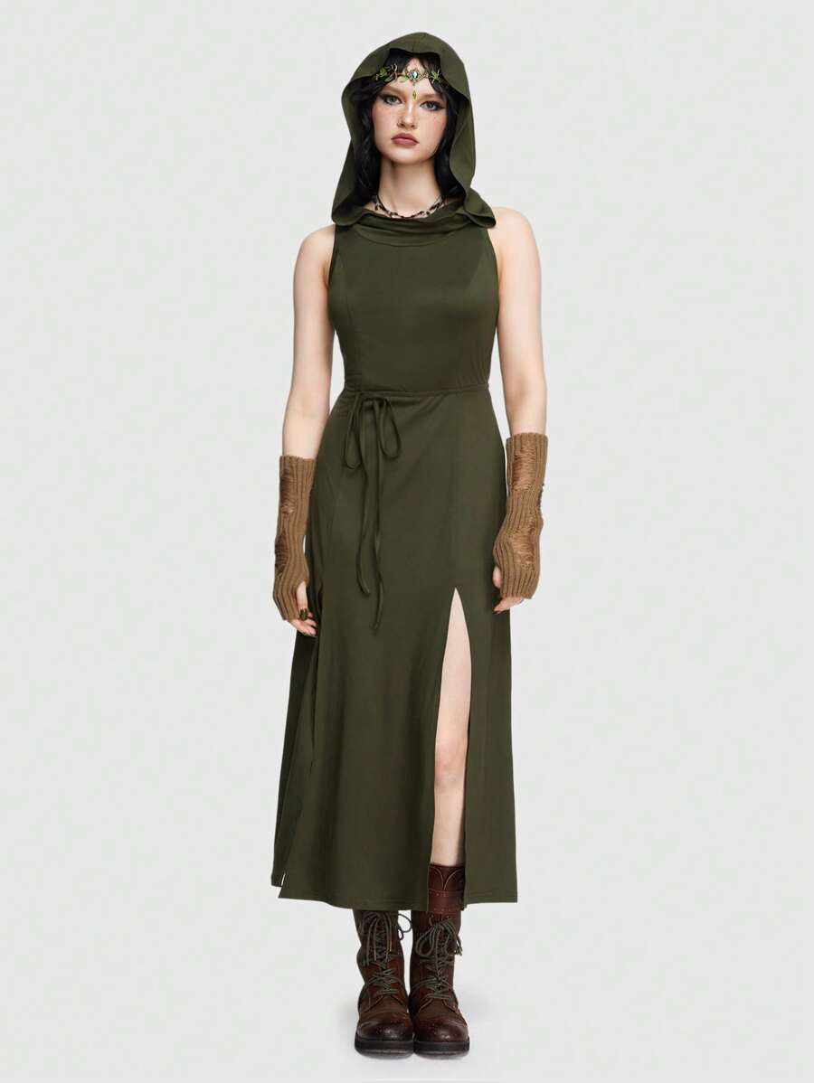 ROMWE Fairycore 女款純色無袖連帽連身裙 - 軍綠色 - 查看 1