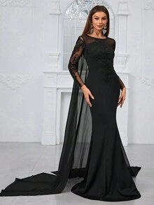 YISIKADO 女式正式晚禮服,帶有網眼、刺繡、印花,長袖和披肩,黑色 - 黑色 - 查看 6