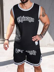 Manfinity Homme Heren Grote maten Alfabet Print Gestreepte trim Tank tops En Short set