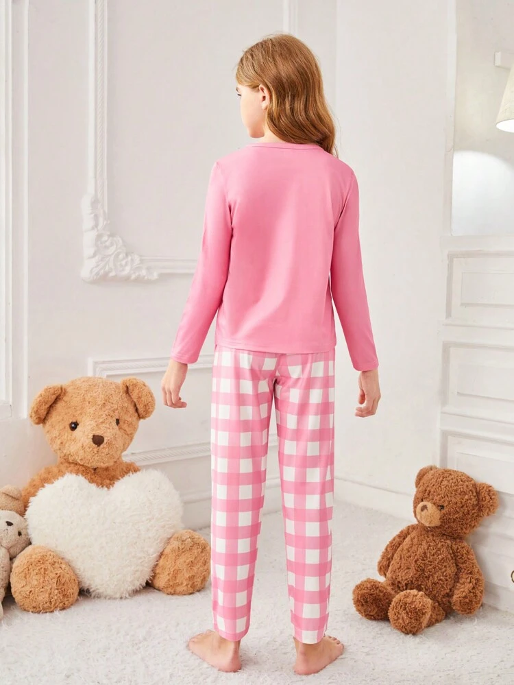 Tween Girl Letter Printed Long Sleeve T-Shirt And Gingham Patterned Long Pants Pajama Set