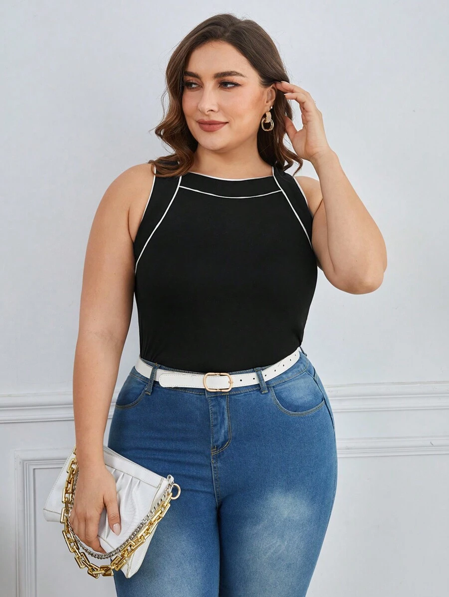 BizChic Plus Size Women's Slim Fit Tank Top With Contrast Trim - Black - View 1
