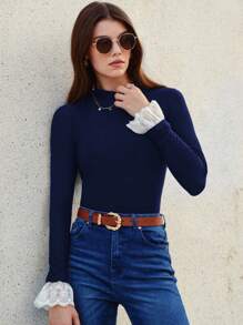 SHEIN Frenchy Damen Besticktes Mesh Kontrast Stehkragen T-Shirt mit Rüschenärmeln - marineblau - Übersicht 8