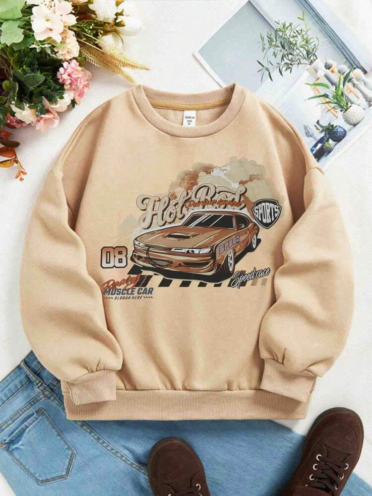 Teen Girl Car & Letter Graphic Thermal Pullover