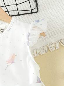 SHEIN Young Girls Butterfly Mesh Print Belted Dress - White - View 4