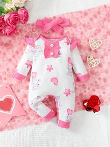 Baby Girls' Cute Cartoon Watercolor Elephant Heart Balloon Patchwork Jumpsuit With Headband