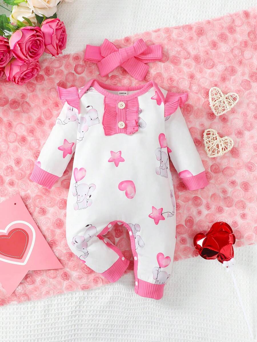Baby Girls' Cute Cartoon Watercolor Elephant Heart Balloon Patchwork Jumpsuit With Headband