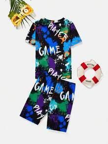 SHEIN 2入組青年男孩休閒圓領短袖印花t恤和短褲貼身睡衣套裝 - 彩色 - 查看 2