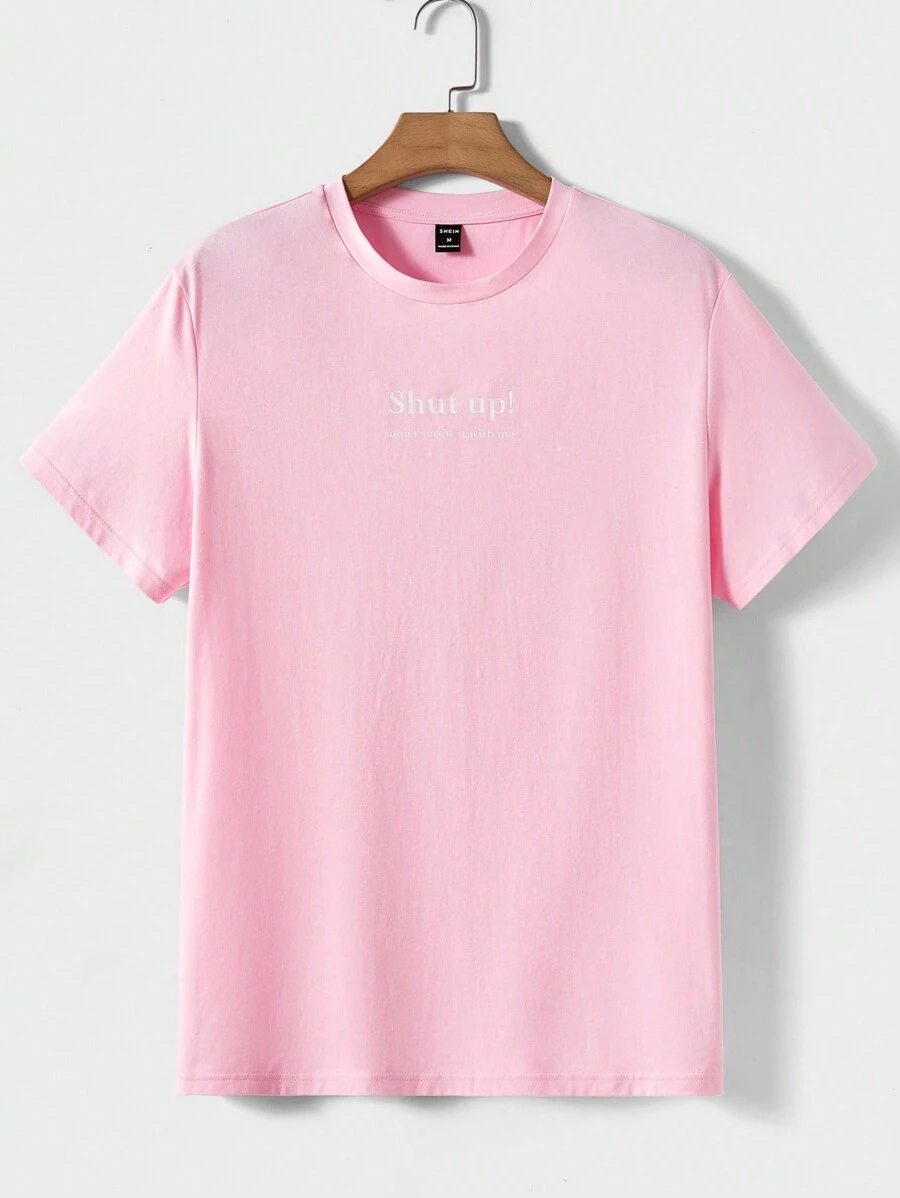 GENTILAND 男士粉色針織休閒圓領短袖t恤,印有口號圖案 - 彩色 - 查看 1