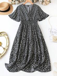 SHEIN LUNE Của phụ nữ Kích thước lớn Hoa In Ruffled Tay áo Đầm - màu đen - Xem 1