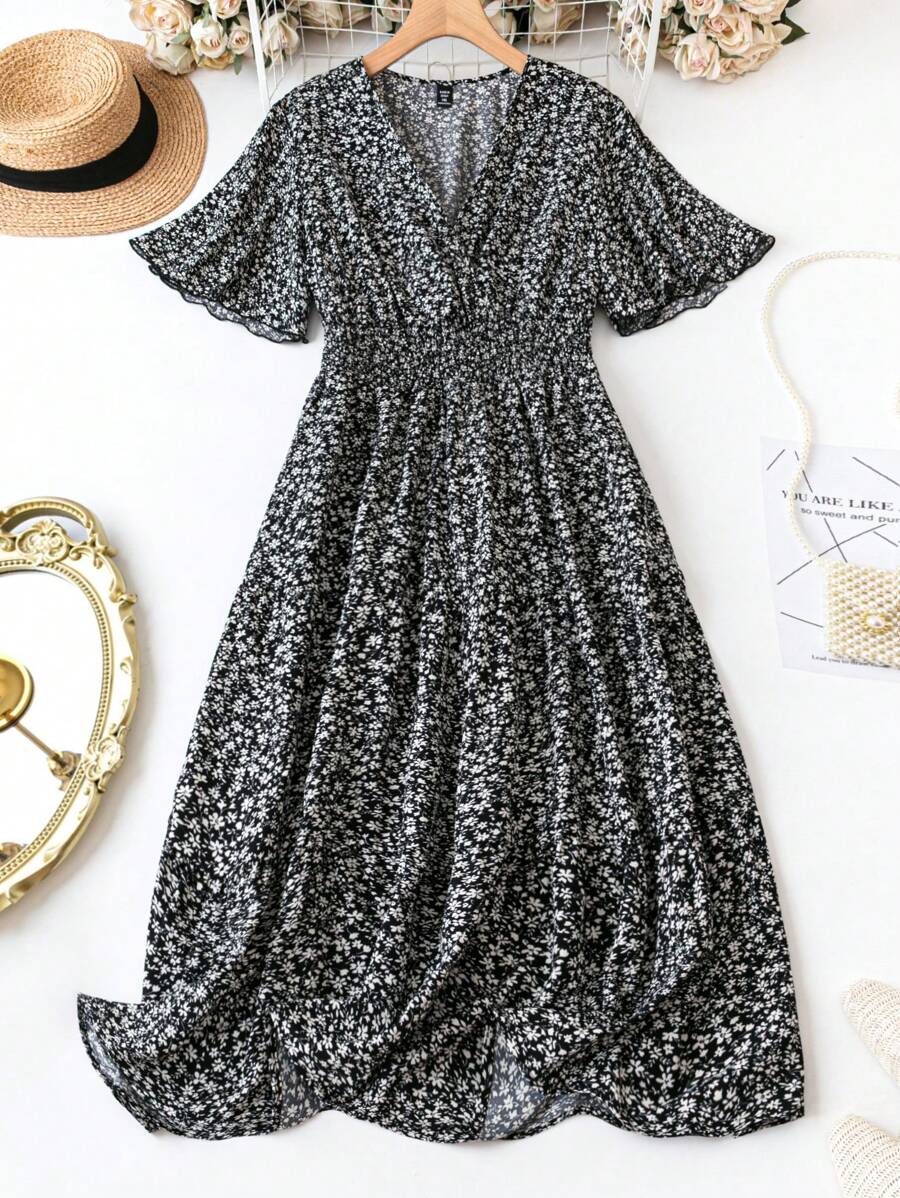 SHEIN LUNE Của phụ nữ Kích thước lớn Hoa In Ruffled Tay áo Đầm - màu đen - Xem 1