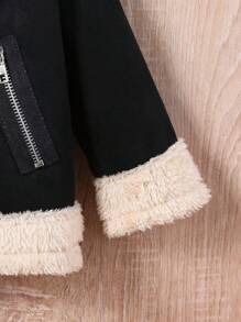 女婴时尚街头服饰凉爽秋冬夹克，带保暖衬里、绒面革拼接、毛领和拉链 - 黑色 - 查看 4