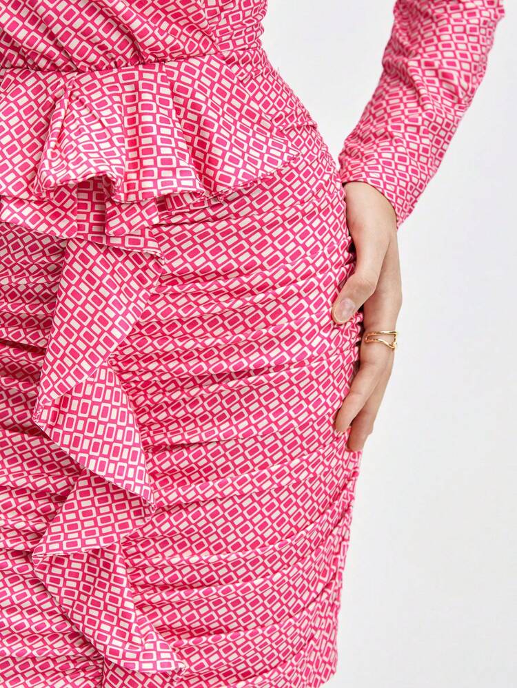 Women's Geometric Print Ruffle Hem Puff Sleeve Dress