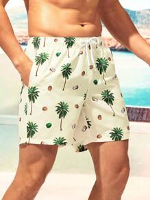 Manfinity Swimmode Men Coconut Tree Print Letter Patch Detail Drawstring Waist Swim Trunks,Hawaiian - Apricot - View 4
