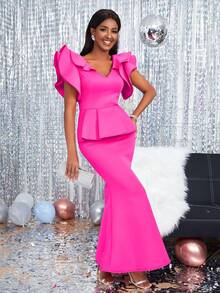 V領荷葉邊拼接短袖修身美人魚禮服 - 玫紅色 - 查看 5