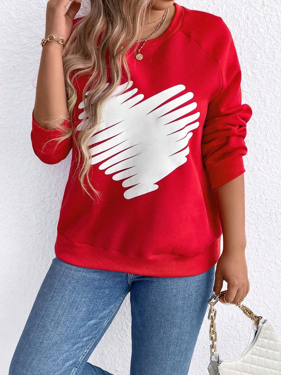 SHEIN LUNE Áo thun tay lỡ in hình trái tim cỡ lớn dành cho nữ, Valentine - Đỏ - Xem 1