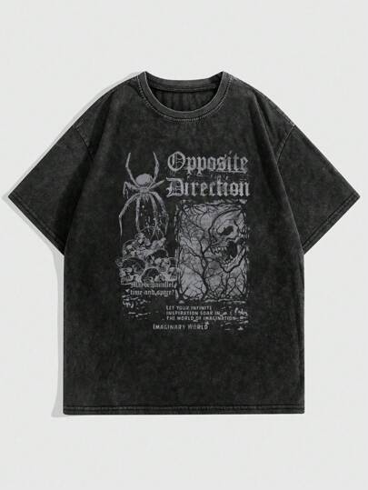 Grunge Punk Plus Size Black Spider & Skull With Slogan Print T-Shirt, School, Summer