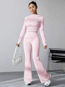SHEIN MOOSTA Long Sleeve Solid Color T-Shirt And Flared Pants 2pcs/Set - Pink - View 6