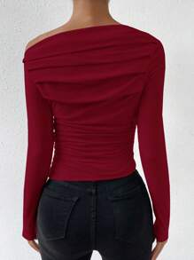 Chiquease Asymmetrical Neckline Long Sleeve T-Shirt - Burgundy - View 2