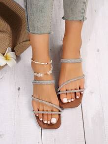 女款水鑽平底涼鞋,夏季新款棕色平底羅馬涼鞋戶外穿著 - 棕色 - 查看 6