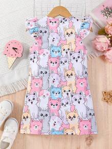 SHEIN Young Girl Cartoon Pattern Cap Sleeve A-Line Dress - Multicolor - View 2