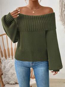 SHEIN Privé 女露肩燈籠袖毛衣 - 軍綠色 - 查看 4