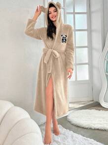 女用卡通刺繡 3d 耳朵連帽腰帶泰迪絨浴袍 - 卡其色 - 查看 1