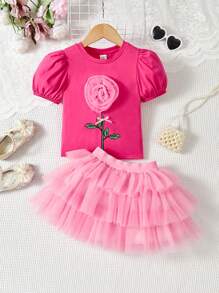 幼童女孩針織純色網花蓬袖t恤和網紗分層裙子套裝 - 粉色 - 查看 1