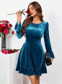 SHEIN Clasi Women'S Velvet Dress With Ruffled Hem - Blue - View 1