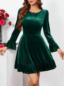 SHEIN Clasi 女性絲絨裙襬褶邊禮服 - 墨綠色 - 查看 3