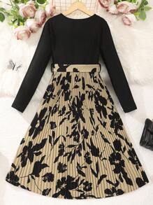 SHEIN 青少女拼色花卉圖案長袖連衣裙 - 黑色 - 查看 2