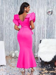 V領荷葉邊拼接短袖修身美人魚禮服 - 玫紅色 - 查看 2