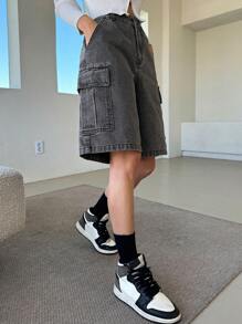 DAZY Ladies' Cargo Style Denim Shorts With Pockets - Grey - View 4