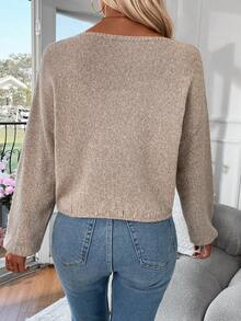 SHEIN LUNE Women'S Round Neck Drop Shoulder Long Sleeve Sweater Pullover - Apricot - View 2